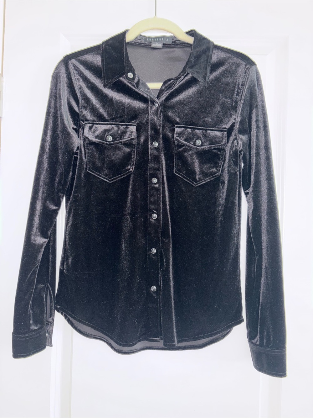 SANCTUARY Black Velvet Snap Button Long Sleeve Collar Top Size XS - Picture 5 of 8